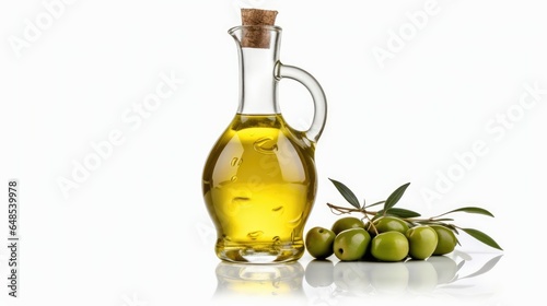 Bottle of olive oil and olives isolated on white background. Generative AI