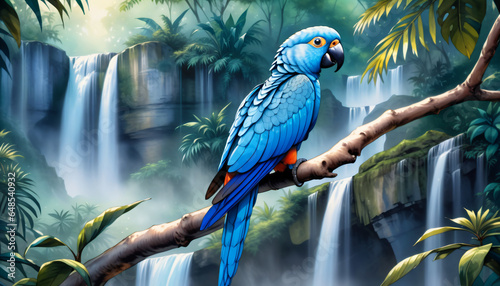 A blue parrot perched on a branch In the forest photo