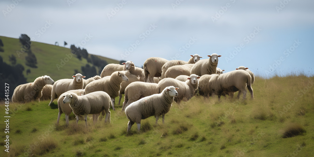 flock of white sheep grazing on a grassy hill generative AI