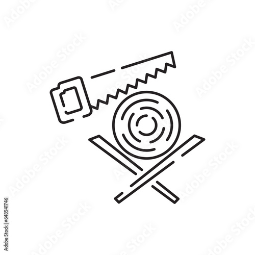 Woodcutter line icon. Crossed chainsaws isolated on white background. Tool woodcutter symbol. Tree Service. Single line draw design vector graphic illustration