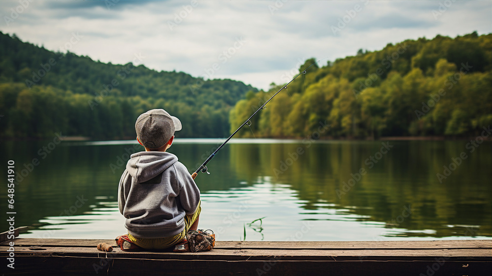 Child with a fishing rod, patiently waiting at the dock, the serene lake stretching beyond Child with a fishing rod, patiently waiting at the dock, the serene lake stretching beyond