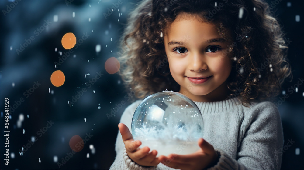 Naklejka premium Child with a snow globe, the miniature winter wonderland fascinating and enchanting to the eyes