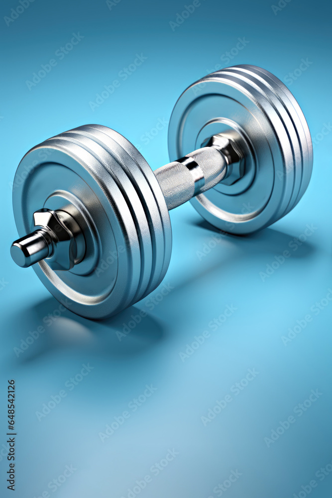 A chrome dumbbell on a blue surface. Exercise equipment. A chrome dumbbell on a blue surface. Exercise equipment.