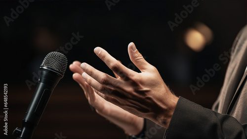 Microphone and hands close-up, speaker speaking at a business conference