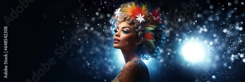 Queer Christmas: Black drag queen with colored flowers in her hair in the snow at christmas or New Year on a bokeh background