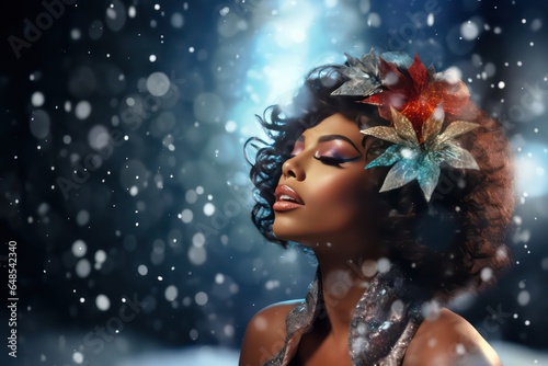 Queer Christmas: Black drag queen with colored flowers in her hair in the snow at christmas or New Year on a bokeh background