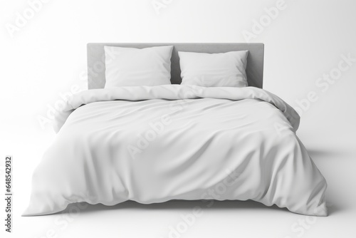 A bed with a white comforter and pillows. AI image. Comforter mockup.