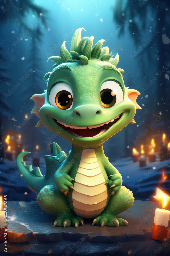 Naklejka premium a small, cute green dragon is celebrating Christmas and New Year. symbol of the year 2024. dark background and lights