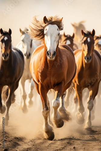 a herd of horses run across the field  steppe. many animals  pets graze. farm or household. strength and speed