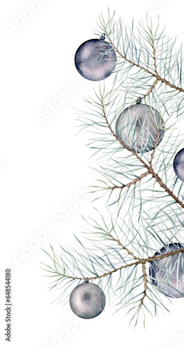 Christmas xmas balls, pine branches and cones. New Year watercolor background. Decorative background for header or greeting card. Watercolor hand painting illustration on isolate white background