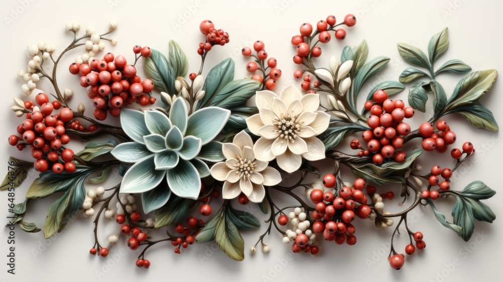 A close up of flowers and leaves on a white surface. AI image. A close up of flowers and leaves on a white surface. AI image.
