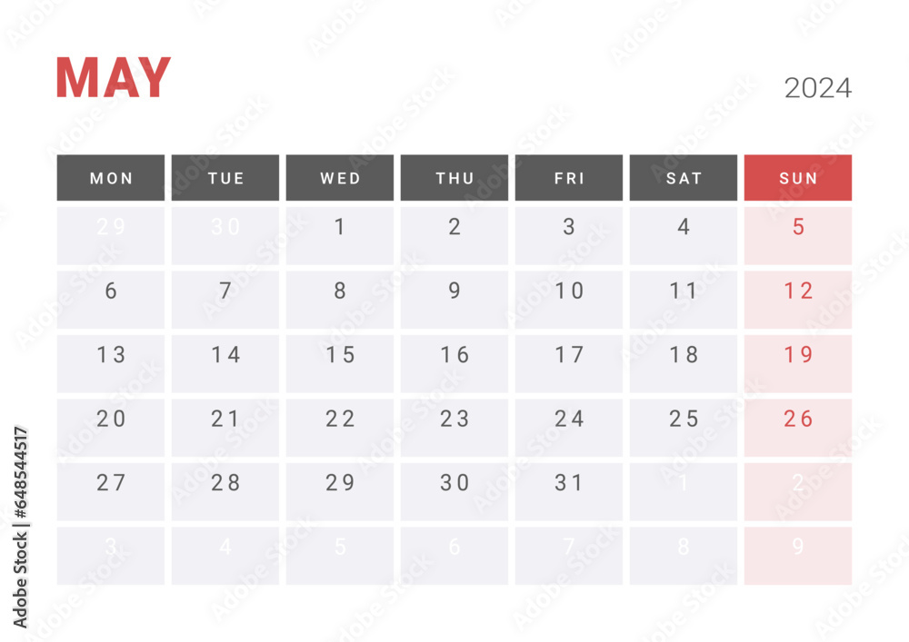 Monthly page Calendar Planner Templates of May 2024. Vector layout of simple calendar with week start Monday for print. Page for size A4 or 21x29.7 cm Monthly page Calendar Planner Templates of May 2024. Vector layout of simple calendar with week start Monday for print. Page for size A4 or 21x29.7 cm