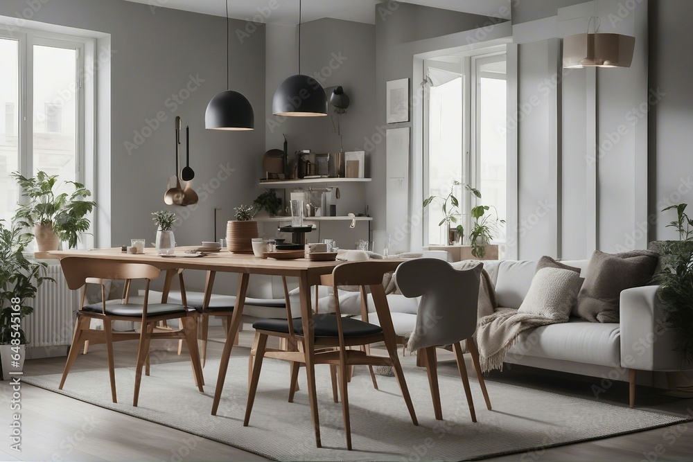 Studio apartment with dining table and chairs Scandinavian interior design of modern living room