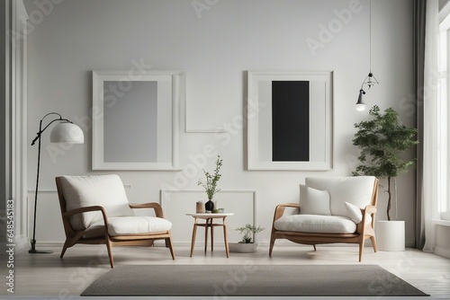 Two armchairs in room with white wall and big frame poster on it Scandinavian style interior design © ArtisticLens