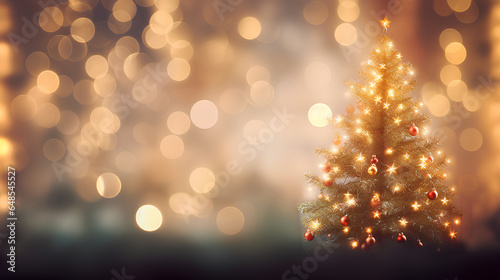 A stunning and defocused Christmas background featuring the soft  blurred glow of Christmas tree lights in the evening