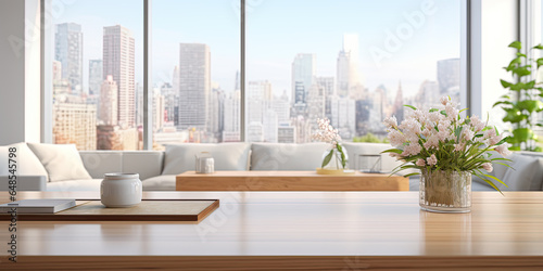 Copy space on a white table with a blurred modern living room in the background.
