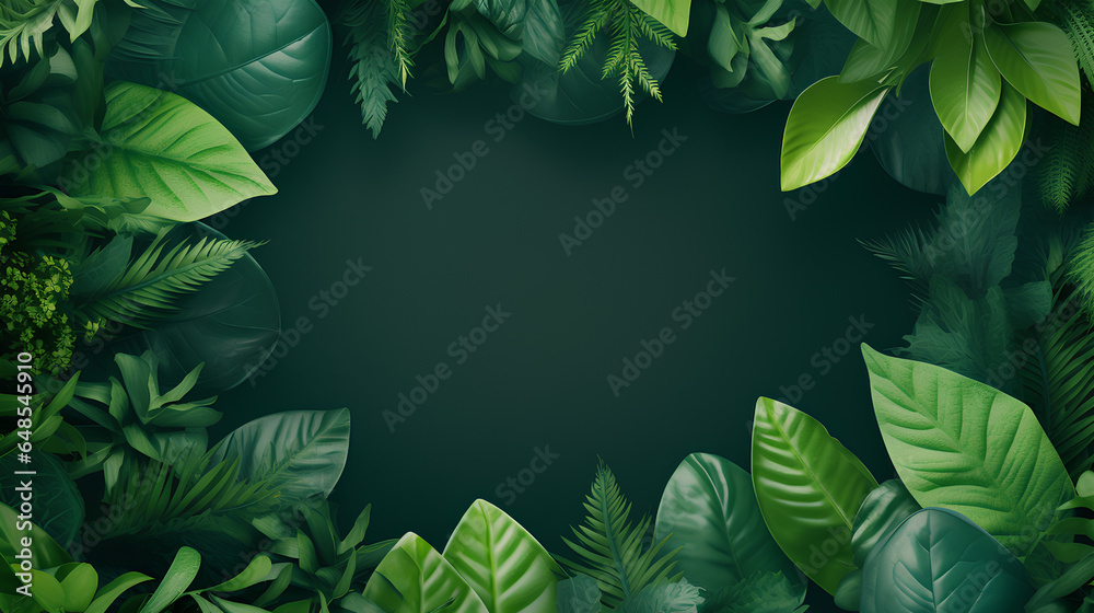 Creative layout composition frame of juicy dark green leaves with beautiful texture with paper card note, macro. Flat lay. Nature concept, copy space