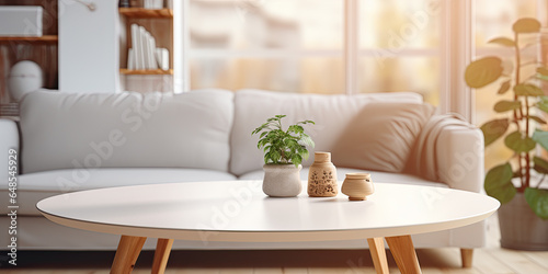 Copy space on a white table with a blurred modern living room in the background.