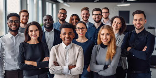 Millennial diverse business colleagues headed with black boss, posing to camera in office, panorama