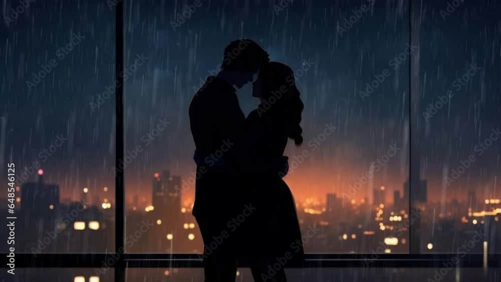 man woman standing front window city skyline background night raining outside style animation seamless loop. Created using Generative AI Technology