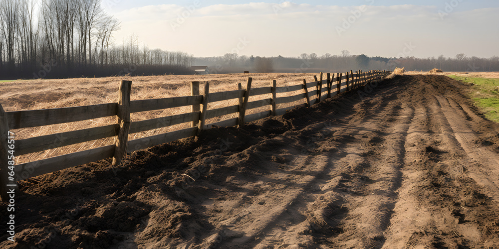 freshly plowed field with a wooden fence in the backgroun one generative AI