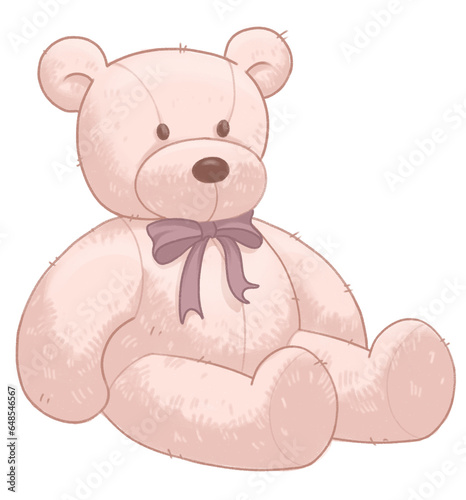 drawing of a light pink toy bear with a purple bow