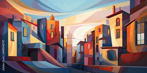 AI Generated. AI Generative. Abstract geometric shapes city town buildings architecture cityscape background street. Graphic Art