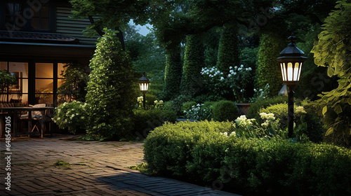 evening park lit by street lamps among green bushes and trees  and stone paths, created with Generative AI Technology.