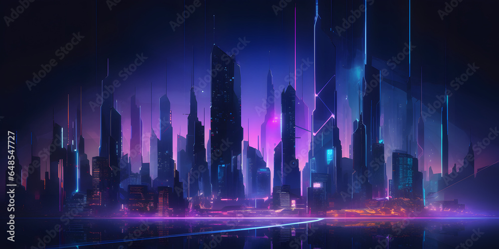 futuristic cityscape with tall buildings and glowing neon one generative AI - obrazy, fototapety, plakaty 