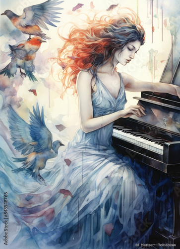 A girl in a blue dress plays the piano, birds fly around, watercolor. Generative AI.
