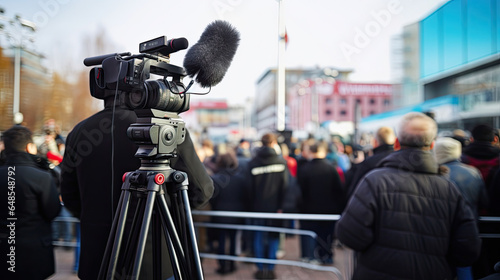 Press and media photographer on duty in public news coverage event for reporter and mass communication