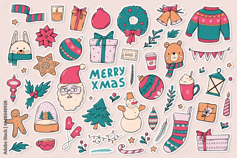 Christmas set of stickers, doodles with white edge for posters, cards, scrapbooking, banners, tags, labels, etc. EPS 10 Christmas set of stickers, doodles with white edge for posters, cards, scrapbooking, banners, tags, labels, etc. EPS 10