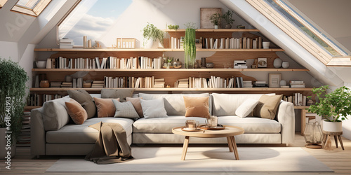 Corner sofa against shelving unit, scandinavian home interior design of modern living room in attic in farmhouse. 