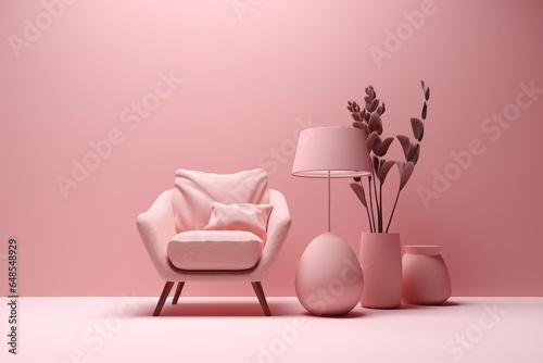 Interior room in plain monochrome light pink color with single chair, floor lamp and decorative vase and plant. Light background with copy space. generative ai.