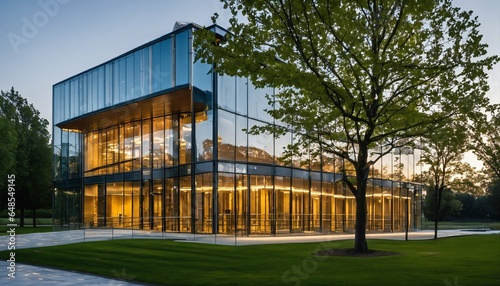 Trees and green environment in eco-friendly glass office: Sustainable building