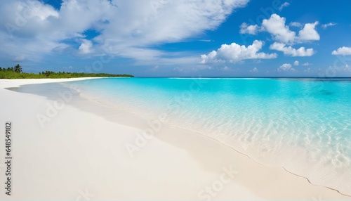 Sandy beach on sunny day with white sand and rolling calm wave of turquoise ocean, white clouds in blue sky background