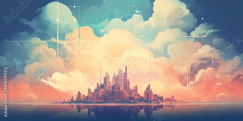 AI Generated. AI Generative. Dreamy heaven city town in clouds. Mystic fog sunlight architecture drawing painting unreal landscape. Graphic Art