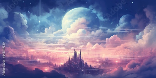 AI Generated. AI Generative. Dreamy heaven city town in clouds. Mystic fog sunlight architecture drawing painting unreal landscape. Graphic Art
