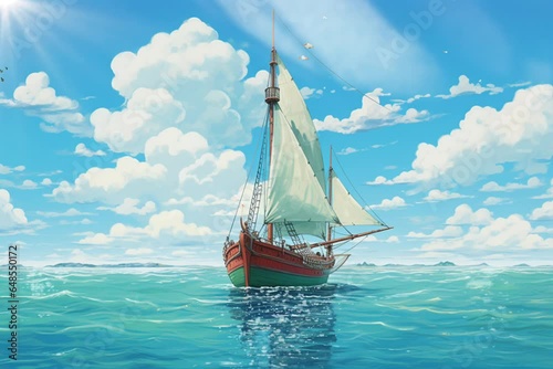 sailing boats and yatcht in turquoise water background in anime illustration style, 4K animation photo