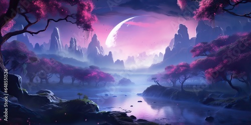 AI Generated. AI Generative. Chill relax inner peace calm nature outdoor landscape background. Mountains river lake tree moon landmark view. Graphic Art
