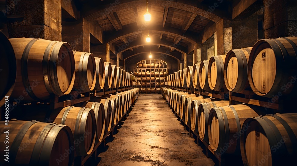 Wine barrels stacked in the cellar of a winery in Italy	