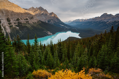 Fall golden sunrise at Peyto Lake, Banff National Park, Canadian Rockies mountains