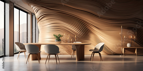 Minimalist interior design of modern dining room with abstract wood paneling arched wall. photo