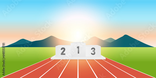 Sport Winner Podium with Running Track or Athlete Track. Pedestal Sport Podiums. Podium Winner Stand. Vector Illustration.