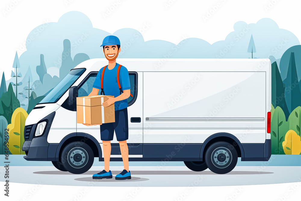 Postwoman/postman with package in hand standing in front postal car. AI generativ. Postwoman/postman with package in hand standing in front postal car. AI generativ.