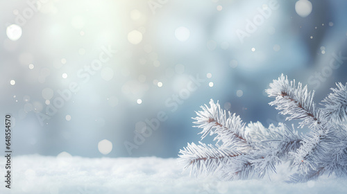 A beautiful winter background featuring frosted spruce branches, small drifts of pristine snow, bokeh Christmas lights, and ample space for text.