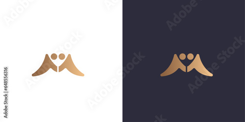 Letter m logo monogram, happy people, minimal style identity initial logo mark. Golden gradient vector emblem logotype for business cards initials.