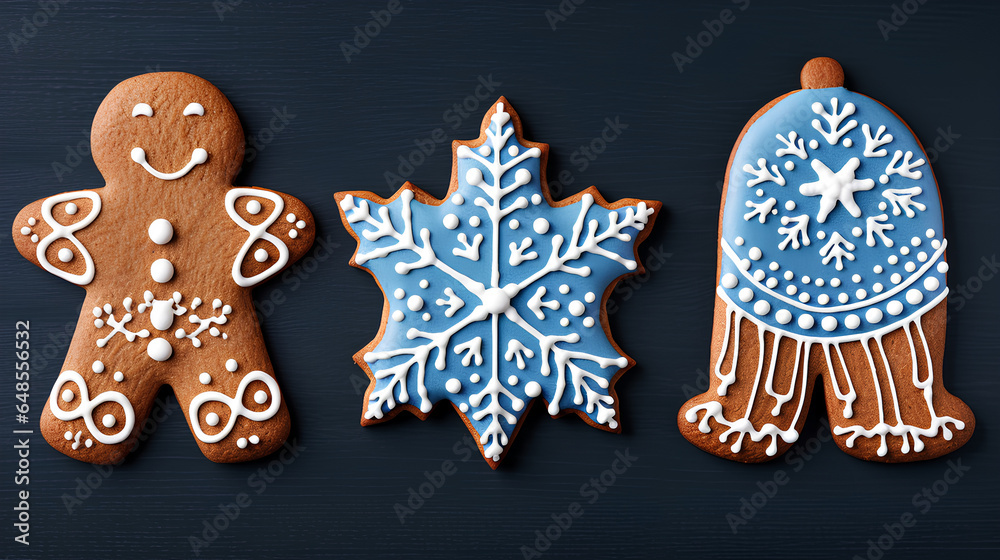 Christmas gingerbread isolated on white background. Set ginger biscuit cookies in shape of a blue mitten and a white reindeer, Christmas trees