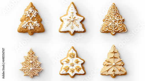 Christmas gingerbread isolated on white background. Set ginger biscuit cookies in shape of a blue mitten and a white reindeer, Christmas trees © StockSavant