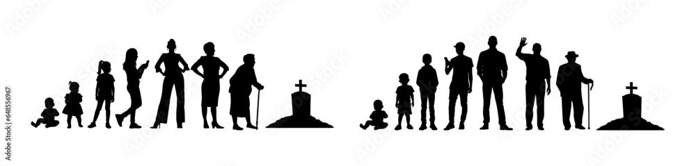 Vector illustration. Set of silhouettes of people. Growing up from infancy.